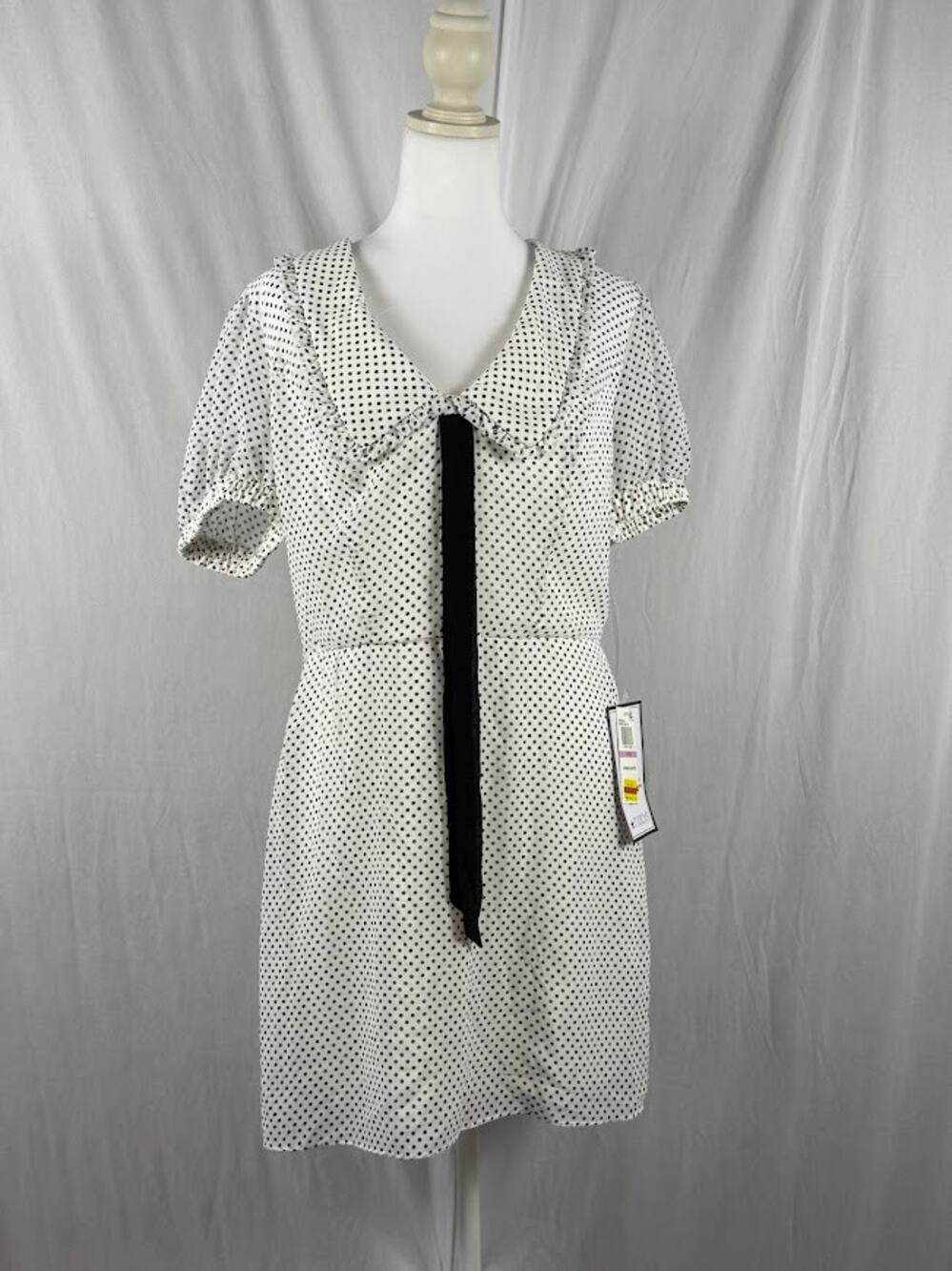 B Darlin Juniors Size 11/12 White Polka Dot Bow Puff Sleeve A-Line Dress NWT